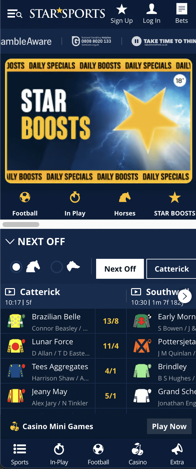 Star Sports Bet UK homepage and betting markets